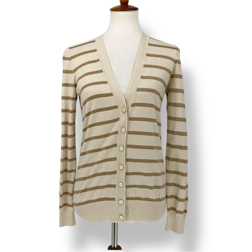 Ann Taylor Cream & Sparkle Gold Striped V-Neck Button Front Cardigan Sweater Med